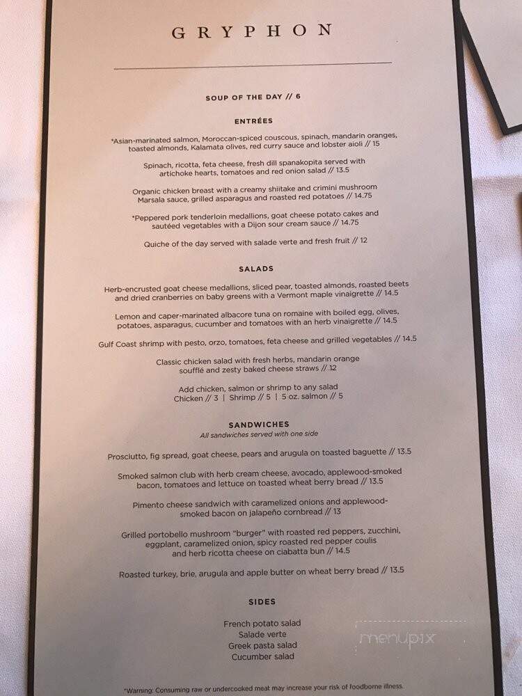 Gryphon Tea Room - Savannah, GA menu_pic