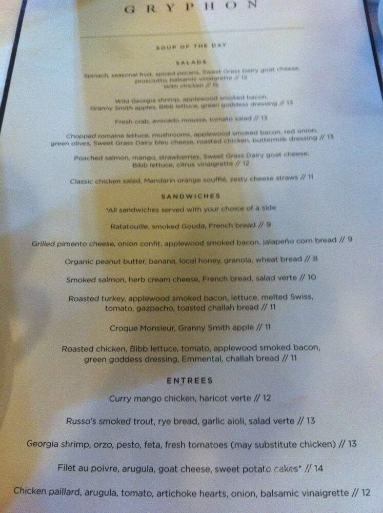Gryphon Tea Room - Savannah, GA menu_pic