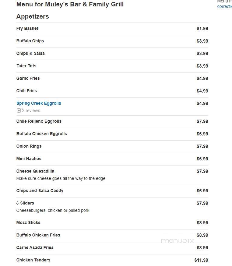 Muley's Bar & Family Grill - Elko, NV menu_pic