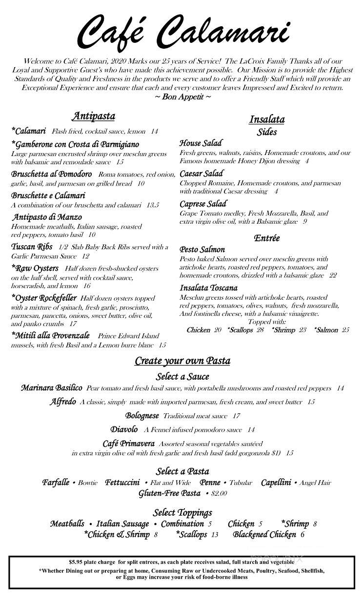 Cafe Calamari - Williams Bay, WI menu_pic