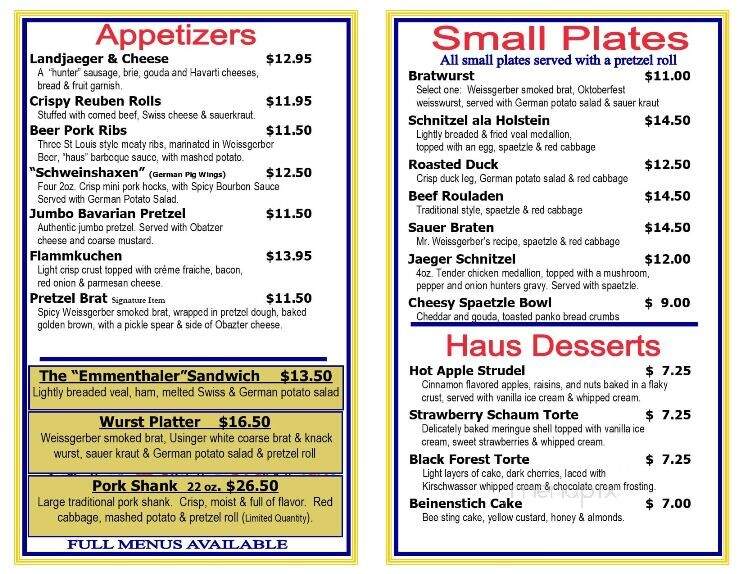Weissgerber's Golden Mast Inn - Watertown, WI menu_pic