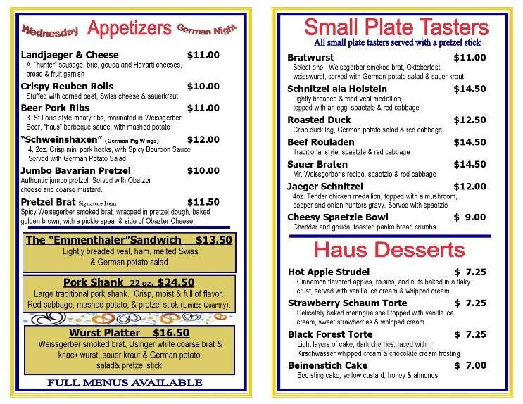 Weissgerber's Golden Mast Inn - Watertown, WI menu_pic