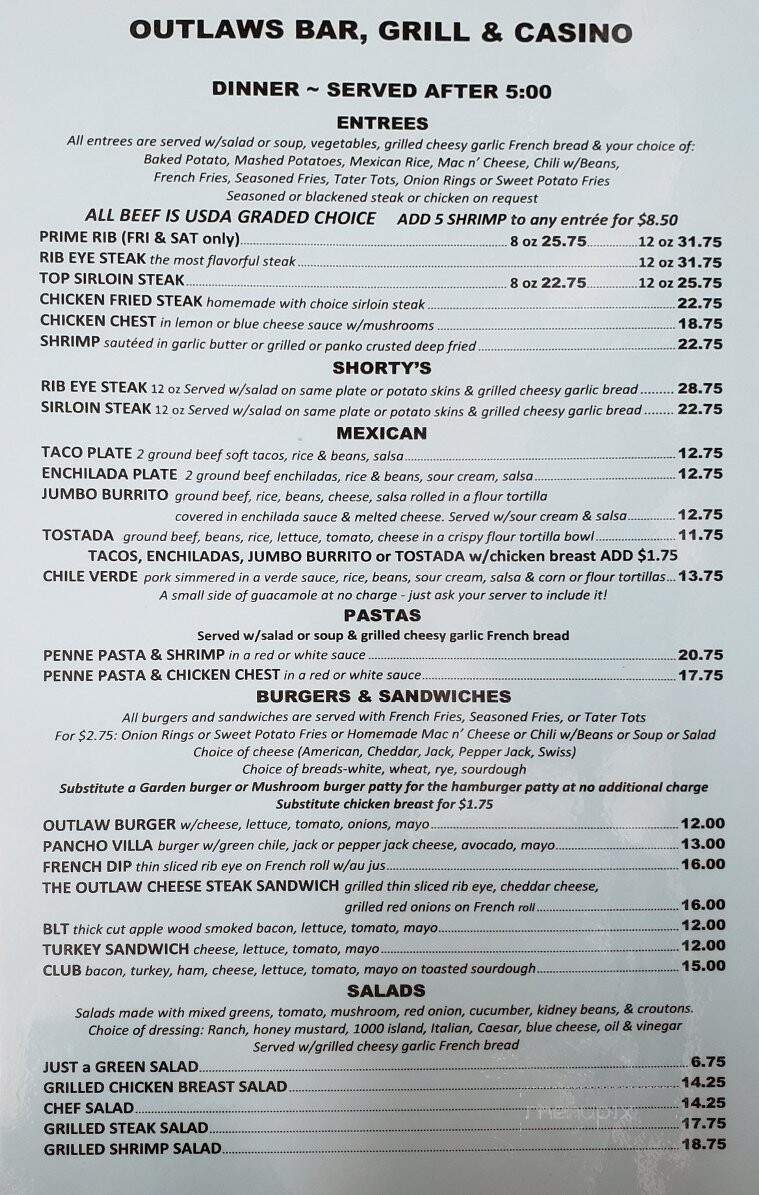 Outlaws Bar & Grill - Atascadero, CA menu_pic