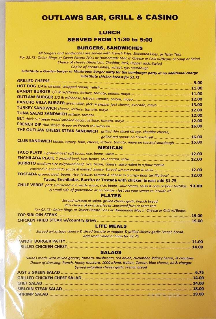 Outlaws Bar & Grill - Atascadero, CA menu_pic