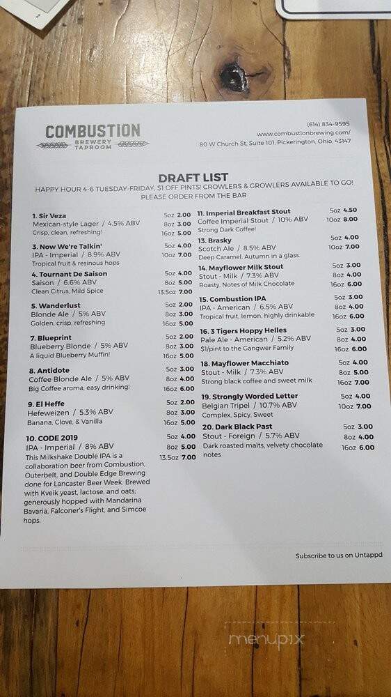 Combustion Brewery & Taproom - Pickerington, OH menu_pic