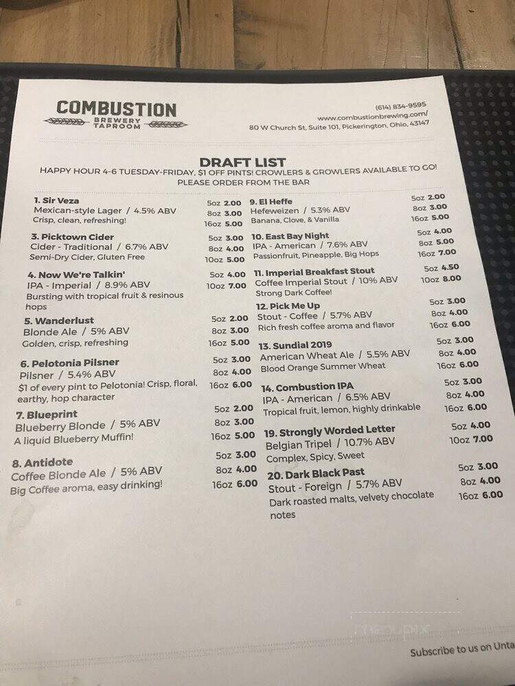 Combustion Brewery & Taproom - Pickerington, OH menu_pic