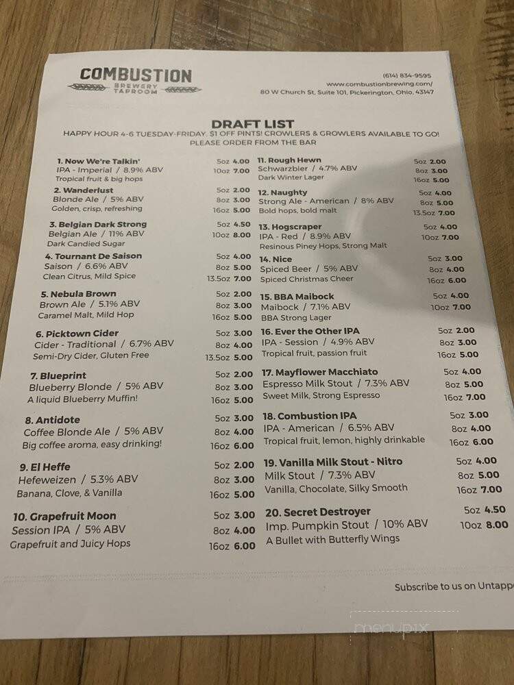 Combustion Brewery & Taproom - Pickerington, OH menu_pic