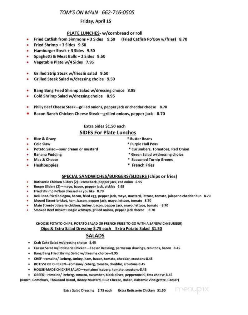 Toms on Main - Yazoo City, MS menu_pic