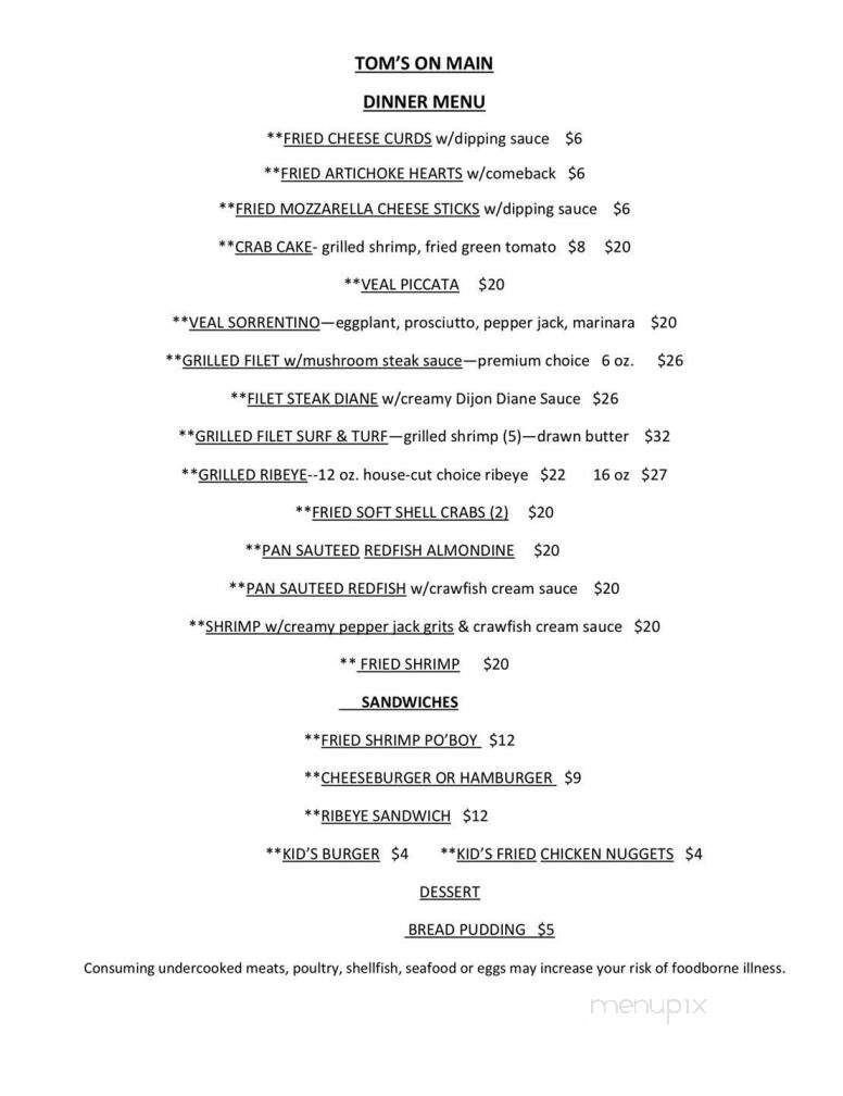 Toms on Main - Yazoo City, MS menu_pic