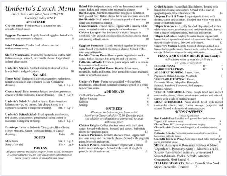 Umberto's Italian Grill - San Antonio, TX menu_pic