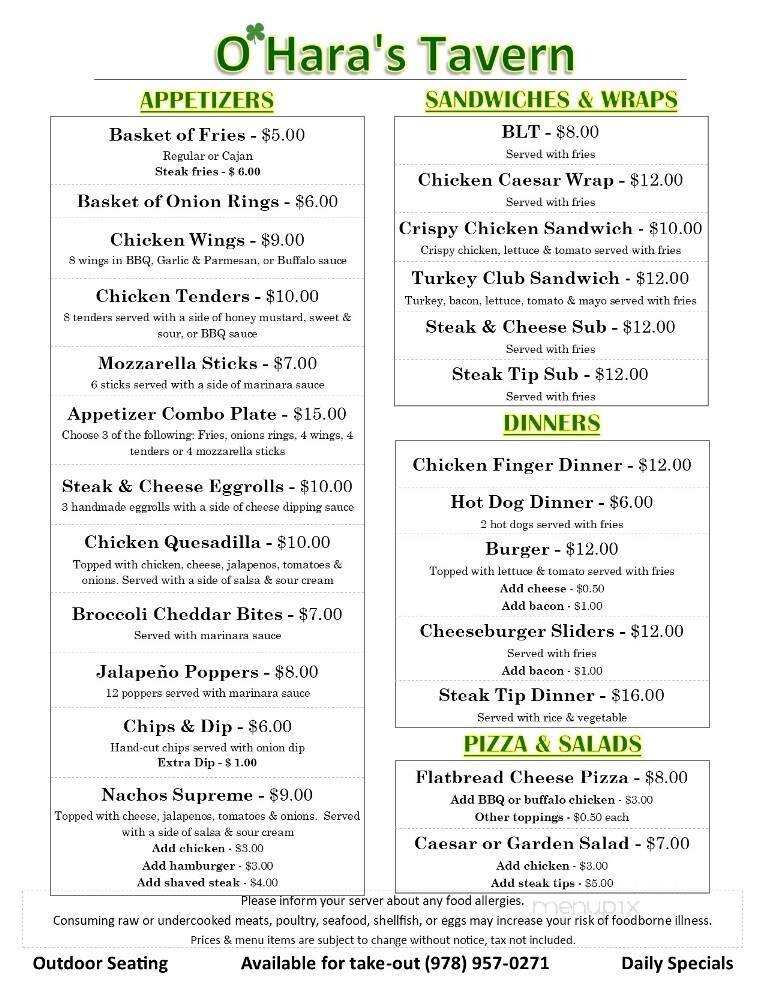 O'Hara's Tavern - Dracut, MA menu_pic