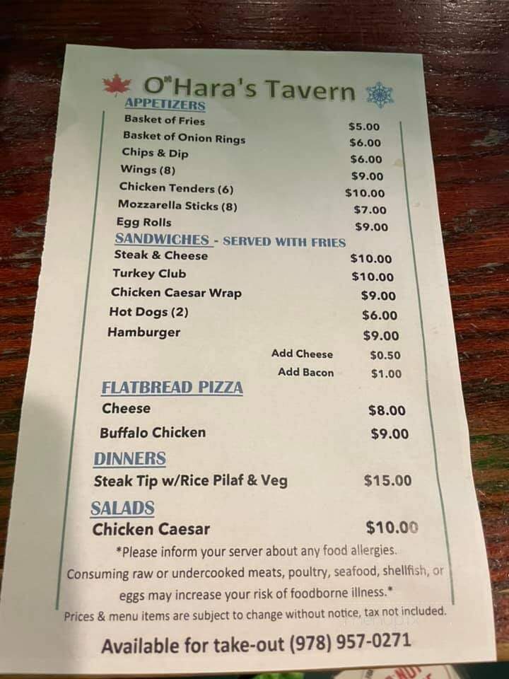 O'Hara's Tavern - Dracut, MA menu_pic