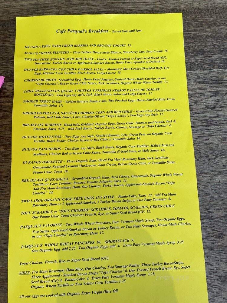 Cafe Pasqual's - Santa Fe, NM menu_pic