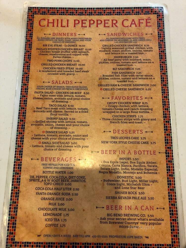 Chili Pepper Cafe - Terlingua, TX menu_pic
