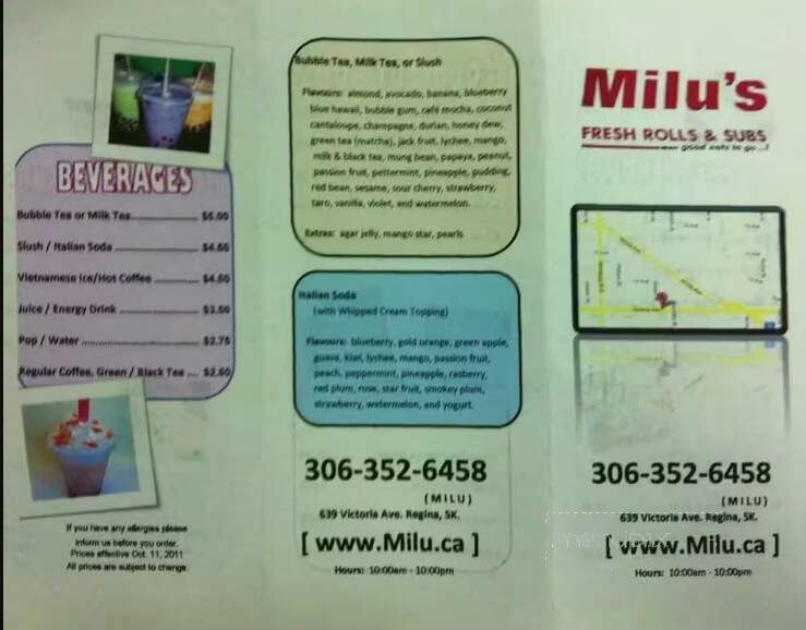 Milu's Fresh Rolls & Subs - Regina, SK menu_pic