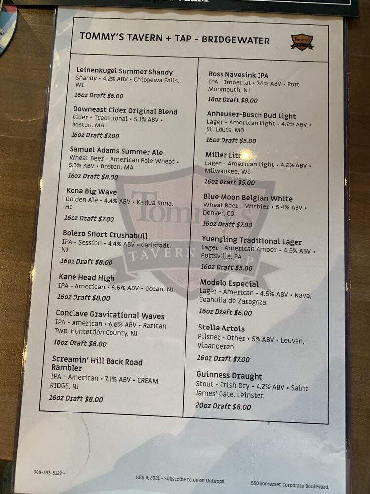 Tommy's Tavern + Tap - Bridgewater Township, NJ menu_pic