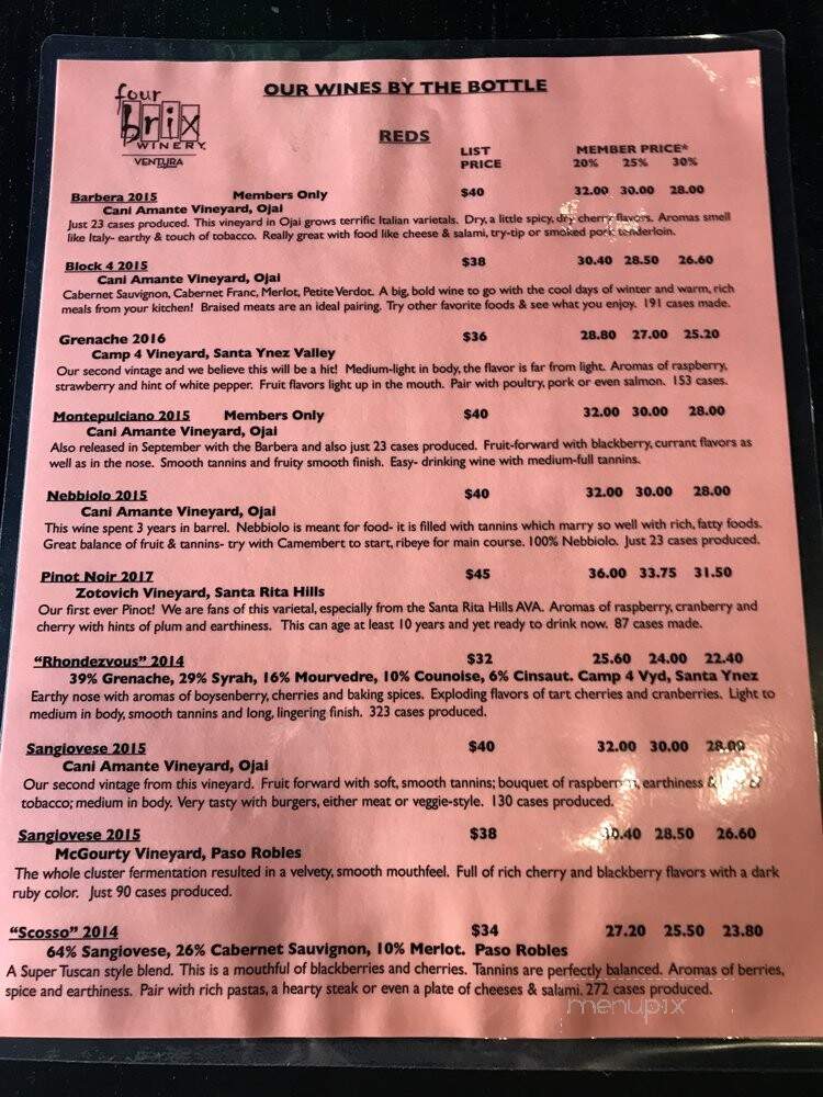 Four Brix Winery & Tasting Room - Ventura, CA menu_pic