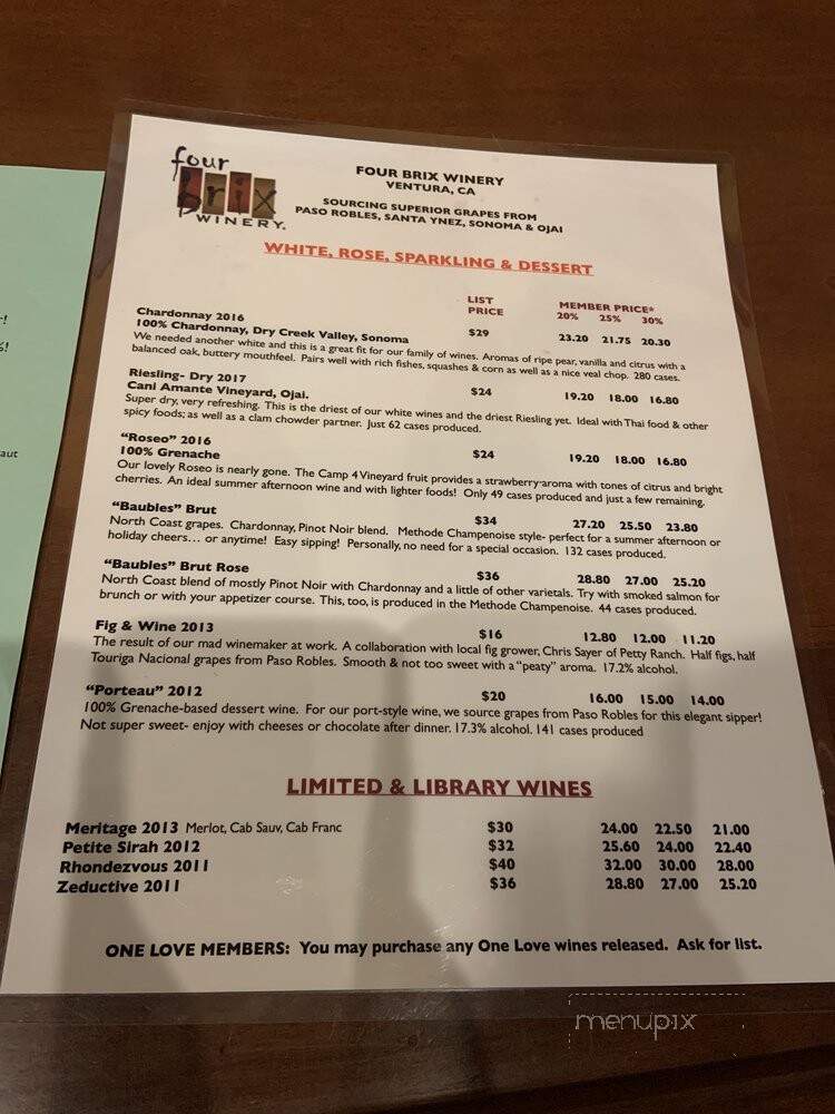 Four Brix Winery & Tasting Room - Ventura, CA menu_pic