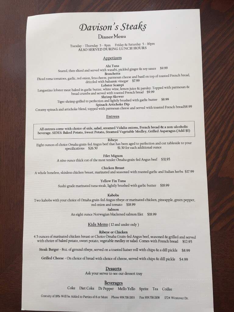 Davidson's Steaks - Sanford, NC menu_pic