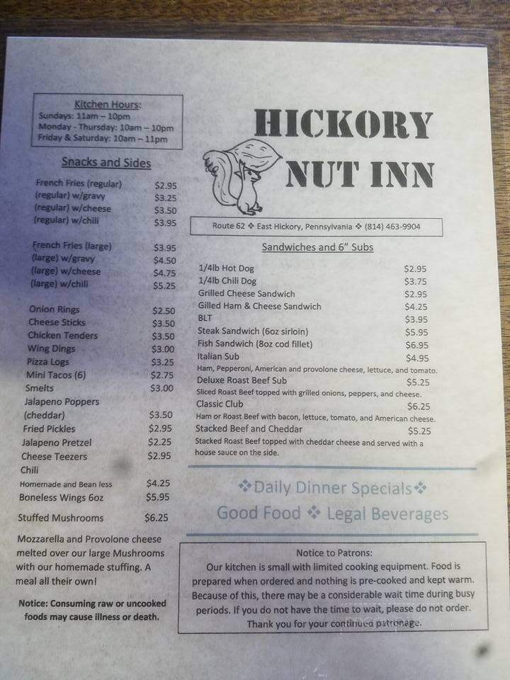 Hickory Nut Inn - Tidioute, PA menu_pic