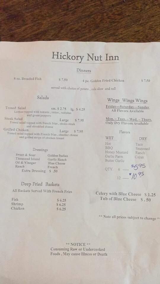 Hickory Nut Inn - Tidioute, PA menu_pic