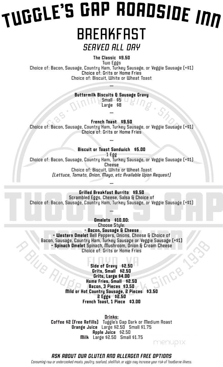 Tuggles Gap Restaurant & Motel - Floyd, VA menu_pic
