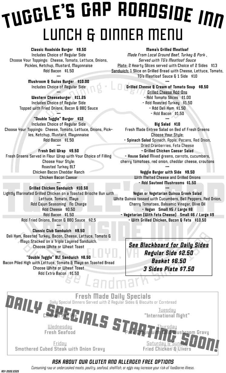 Tuggles Gap Restaurant & Motel - Floyd, VA menu_pic