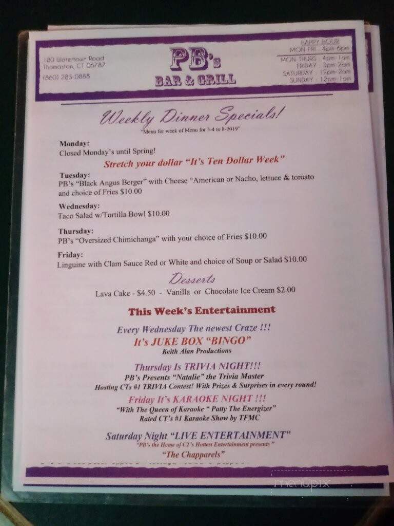 PB's Bar & Grill - Thomaston, CT menu_pic