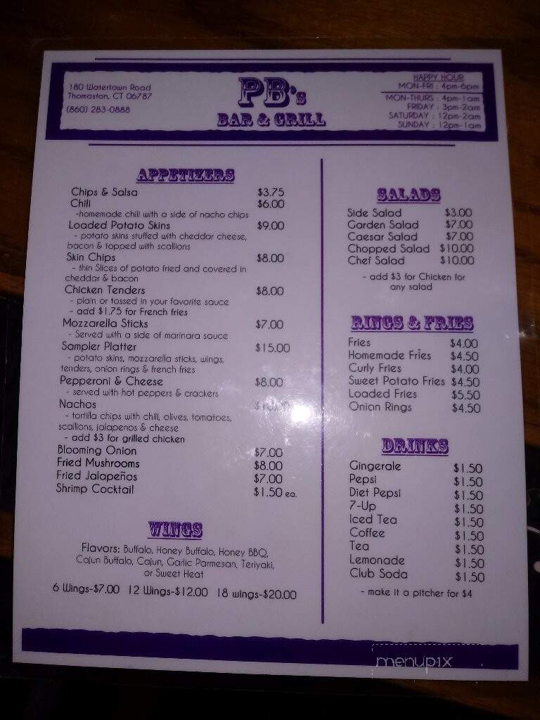 PB's Bar & Grill - Thomaston, CT menu_pic