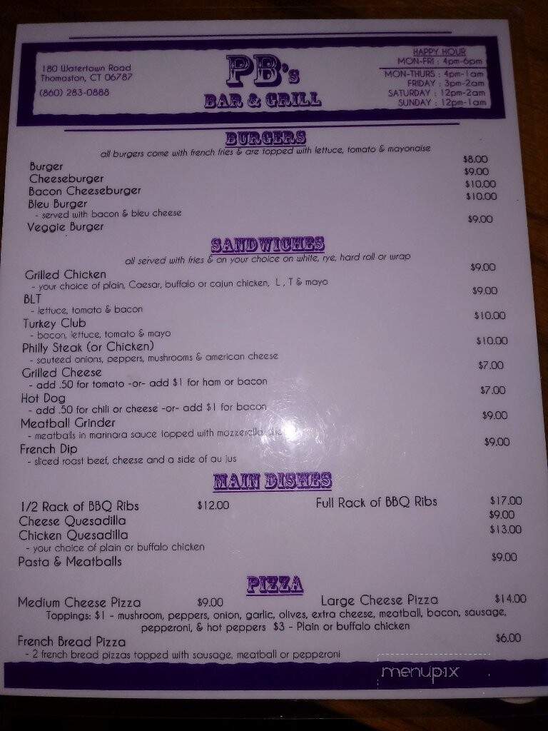 PB's Bar & Grill - Thomaston, CT menu_pic