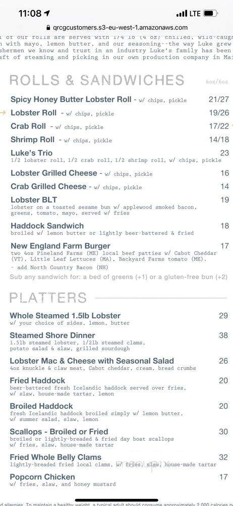 Luke's Lobster Portland Pier - Portland, ME menu_pic
