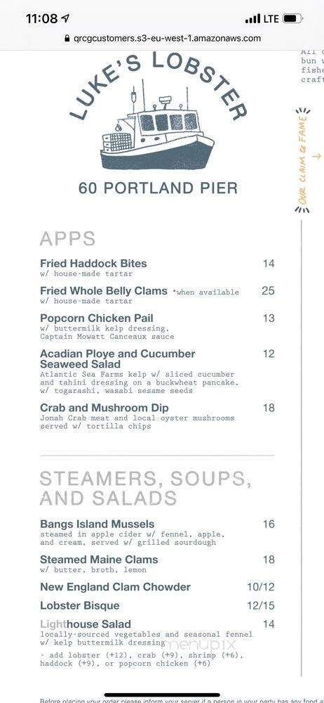 Luke's Lobster Portland Pier - Portland, ME menu_pic