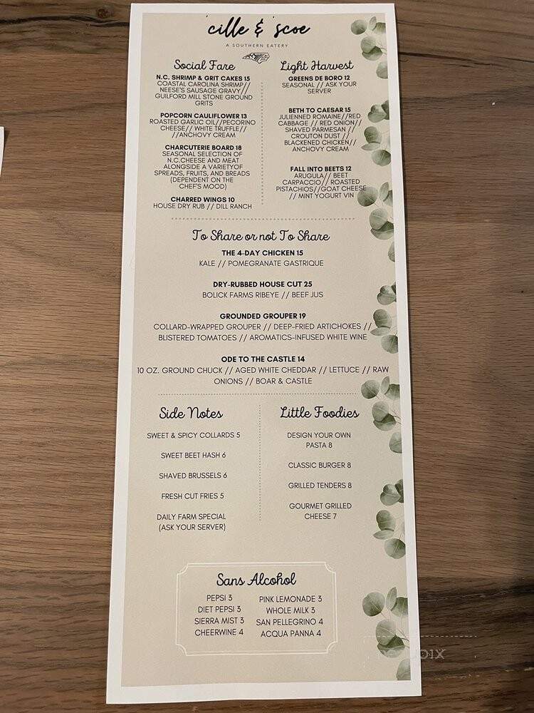 Cille & Scoe - Greensboro, NC menu_pic