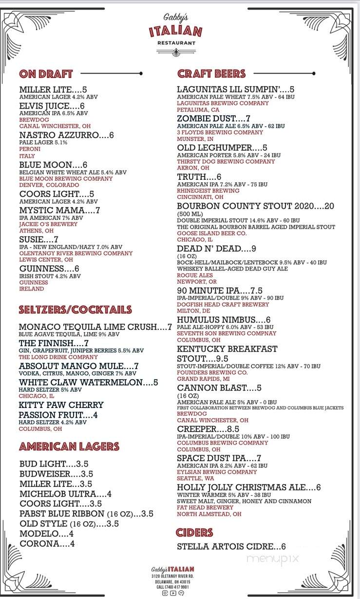 Gabby's Place Bar and Restaurant - Delaware, OH menu_pic