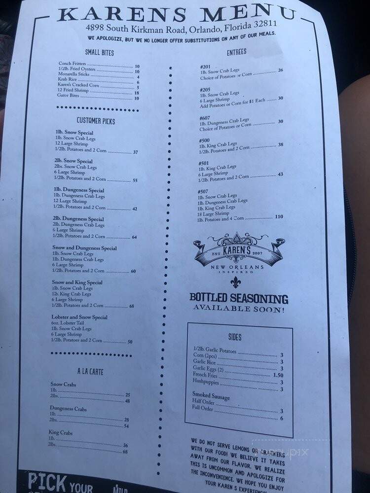 Karen's Tasty Crabs - Orlando, FL menu_pic