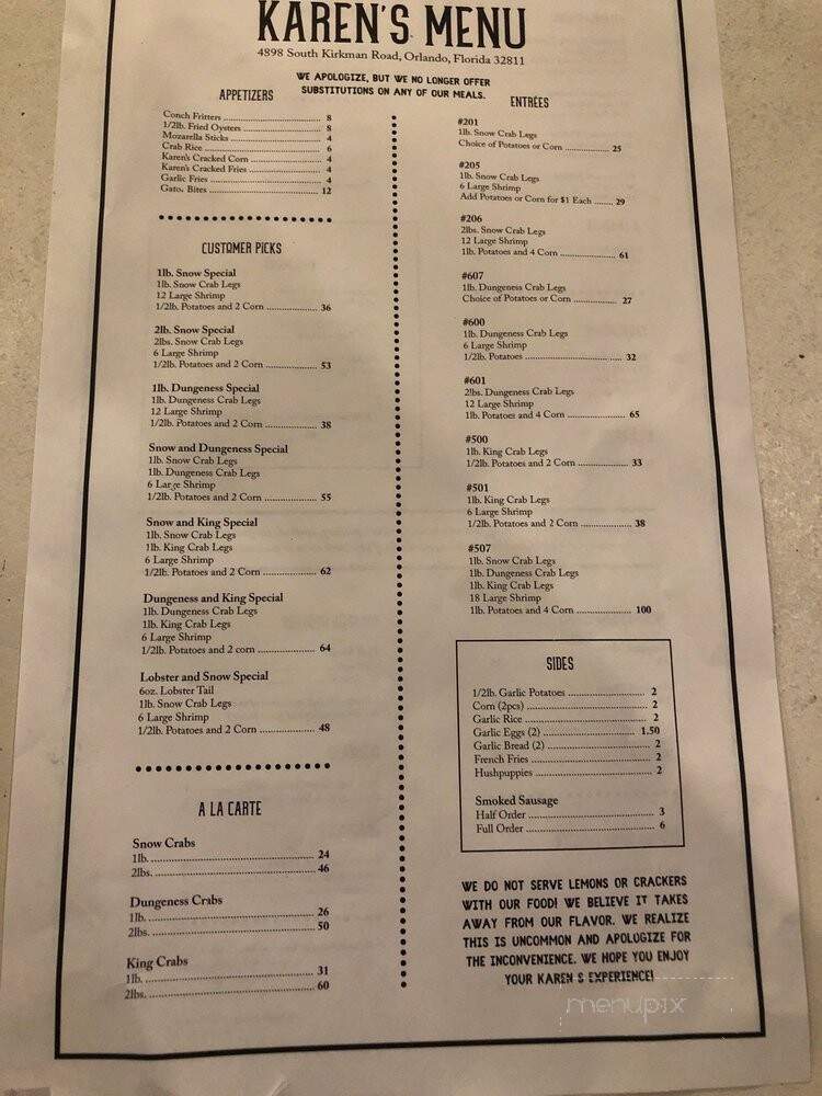 Karen's Tasty Crabs - Orlando, FL menu_pic