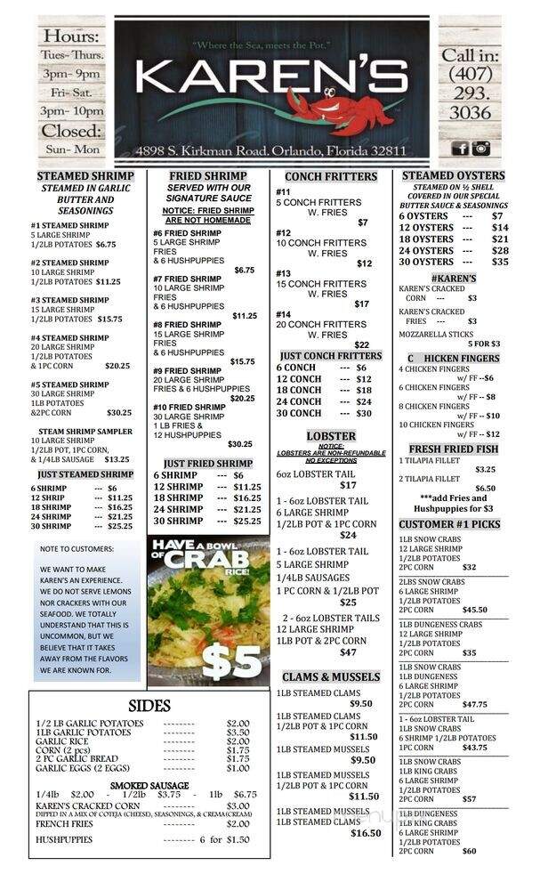 Karen's Tasty Crabs - Orlando, FL menu_pic