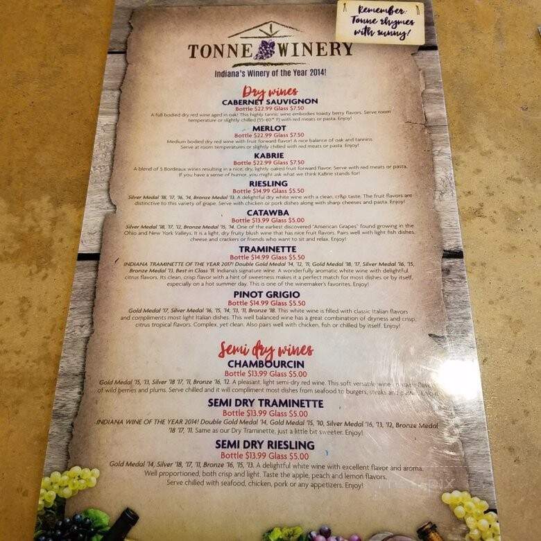 Tonne Winery - Muncie, IN menu_pic