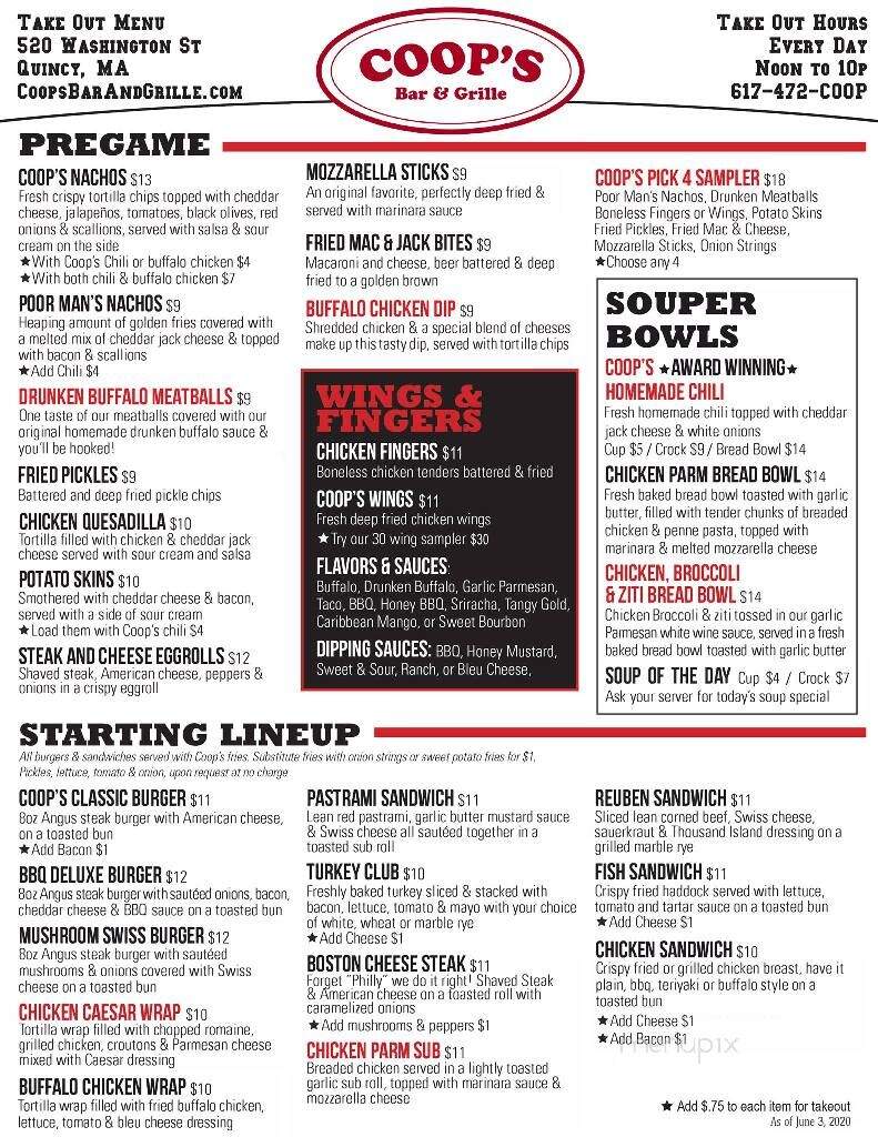 Coop's Bar and Grill - Quincy, MA menu_pic