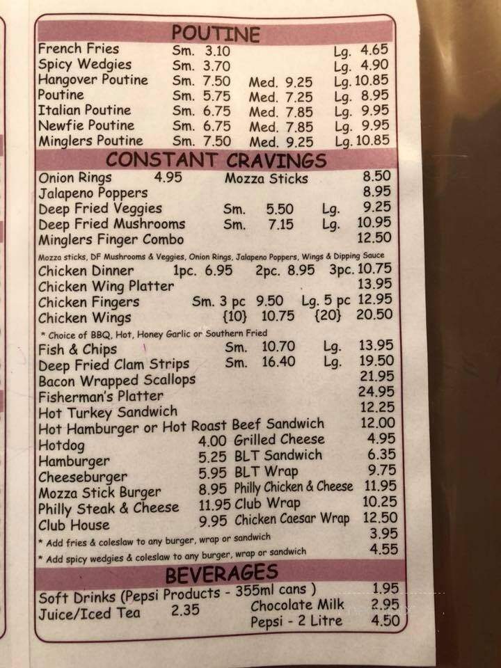 Mingler's Restaurant & Pub - Oromocto, NB menu_pic