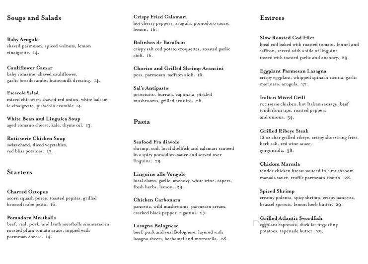 Sal's Place - Provincetown, MA menu_pic