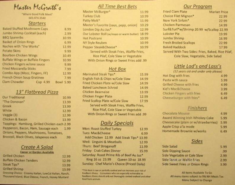 Master McGraths - Seabrook, NH menu_pic