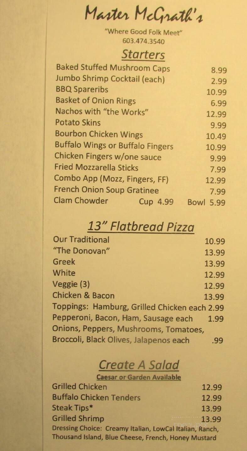 Master McGraths - Seabrook, NH menu_pic