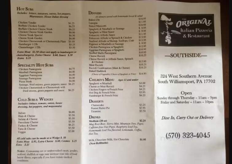 Original Italian Pizza Sthsd - South Williamsport, PA menu_pic