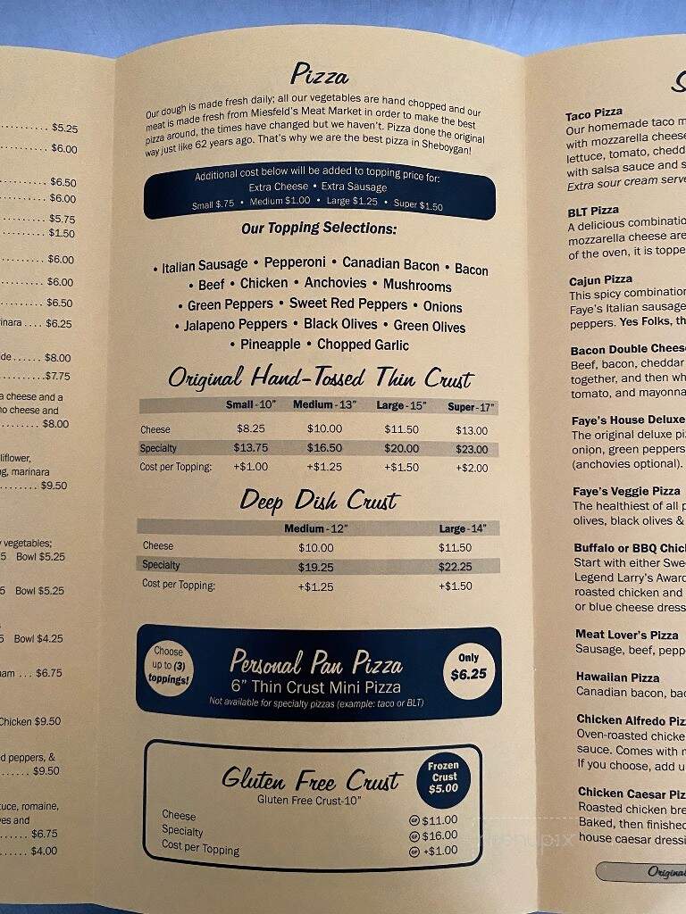 Faye's Pizza - Sheboygan, WI menu_pic