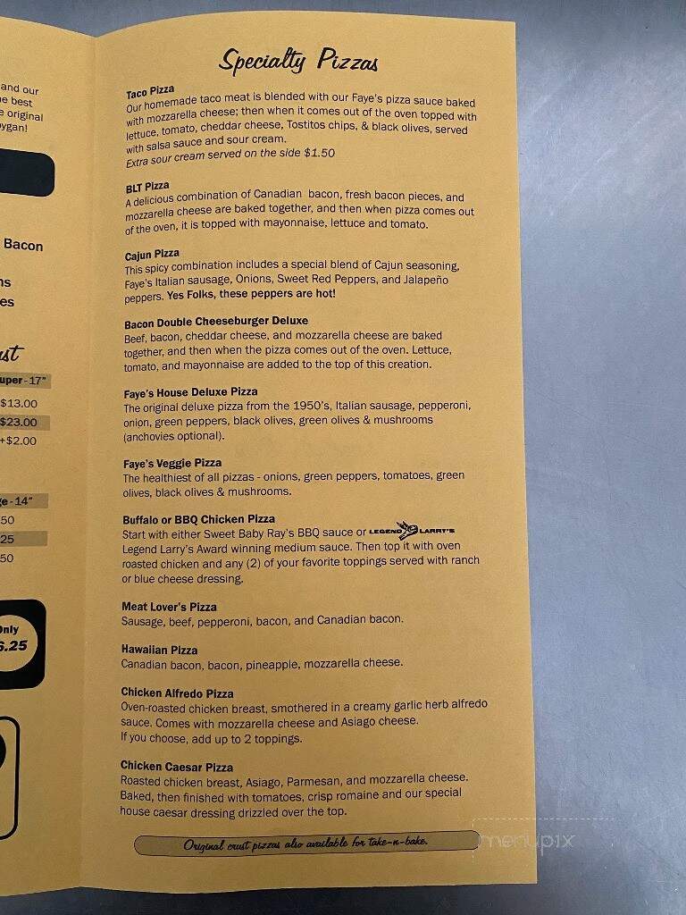 Faye's Pizza - Sheboygan, WI menu_pic