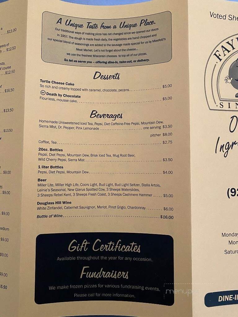 Faye's Pizza - Sheboygan, WI menu_pic