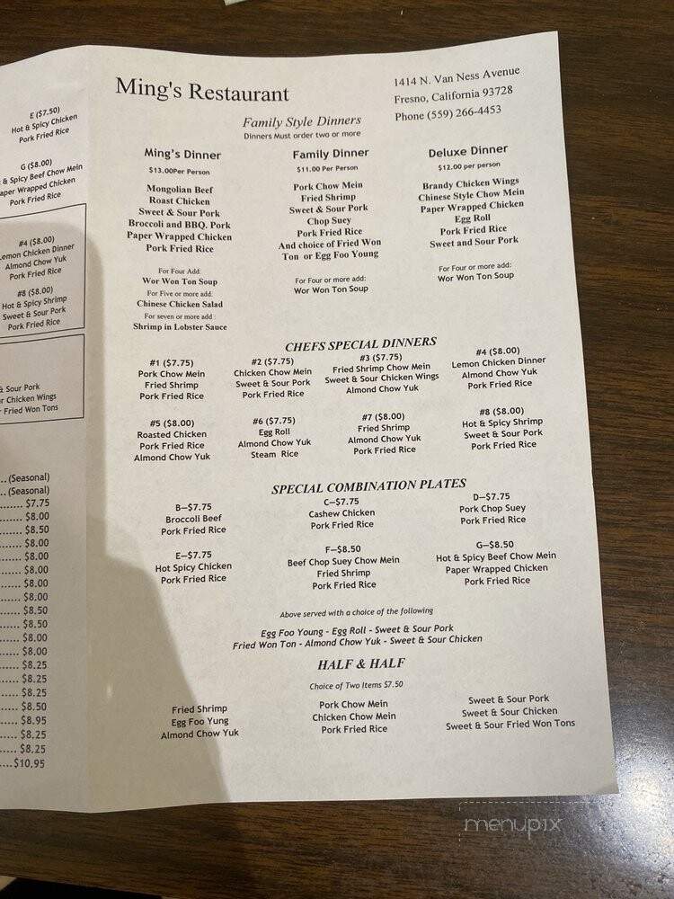 Ming's Restaurant - Fresno, CA menu_pic
