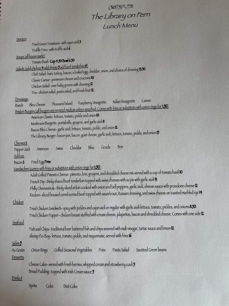 The Library on Fern - Shreveport, LA menu_pic