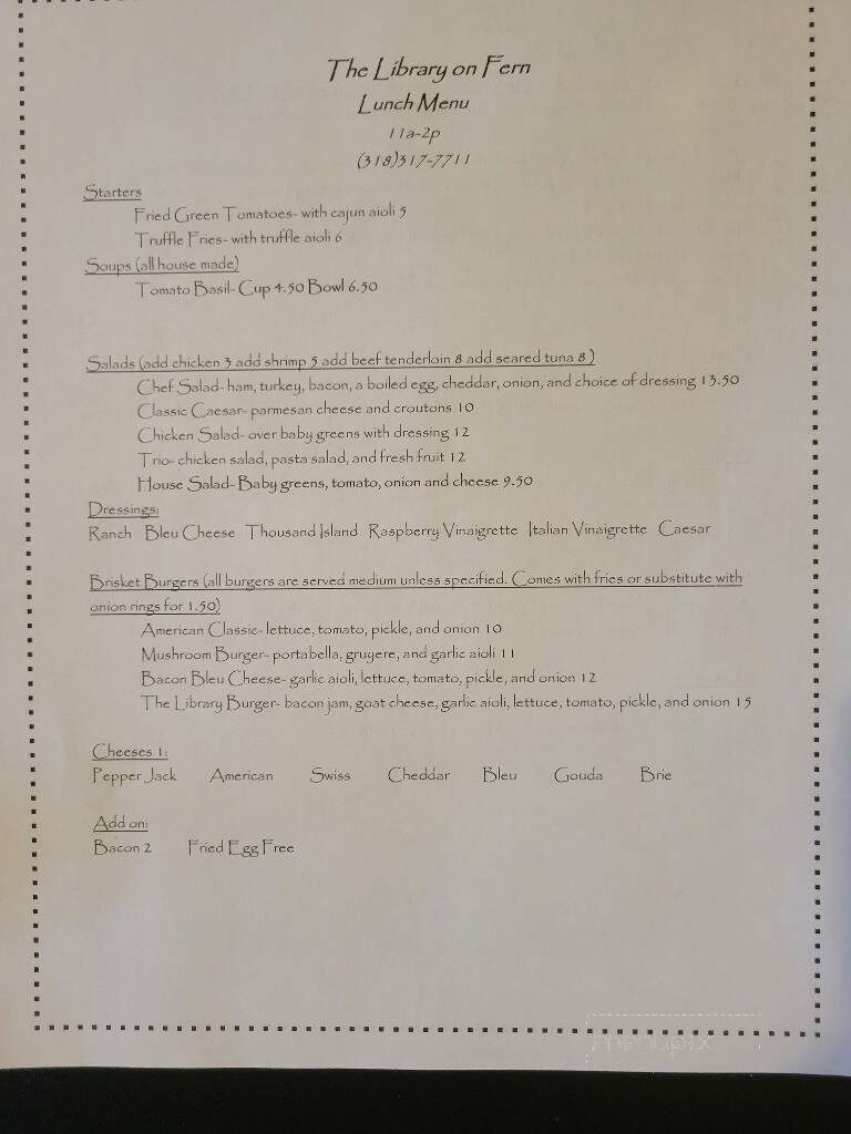 The Library on Fern - Shreveport, LA menu_pic